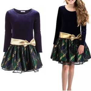Bonnie Jean Girls' Velvet Blue Drop Waist Plaid Long Sleeve Dress Gold Bow 8
